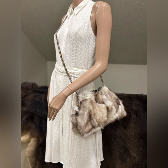 Natural Fox Fur Handmade Unique Metal Frame & Push Lock Shoulder Bag, Crossbody - Picture 8 of 16